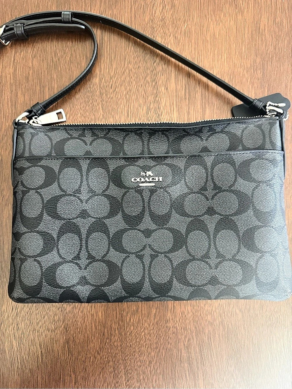 Coach North/South Swingpack Crossbody in Signature Canvas Black & Gray